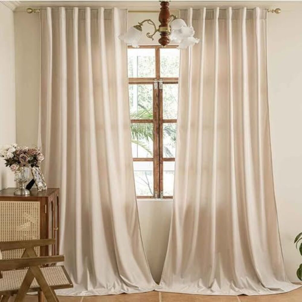 84" L/ Blackout Beige Cream Luxury Velvet Curtains Thermal Soundproof Heat Block